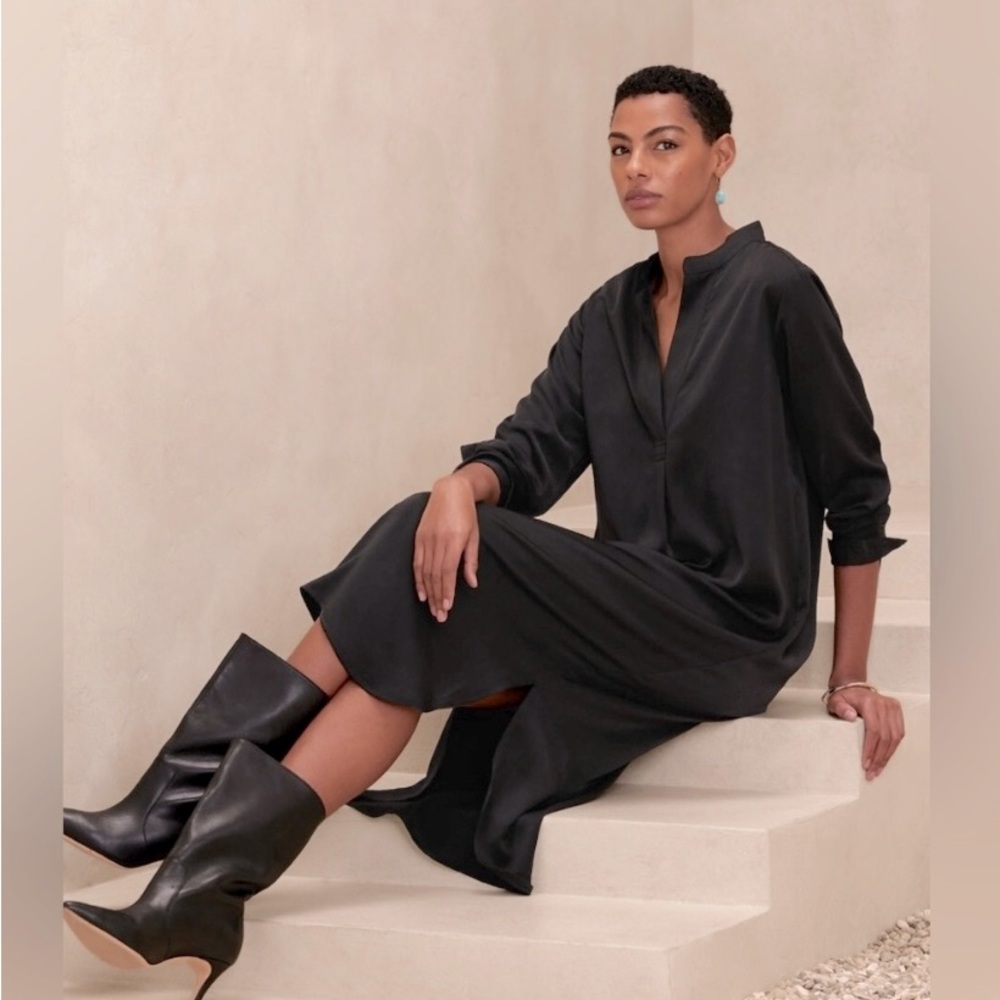 NWT Banana Republic MANDARIN-COLLAR SATIN MIDI SHIRTDRESS BLACK SZ S